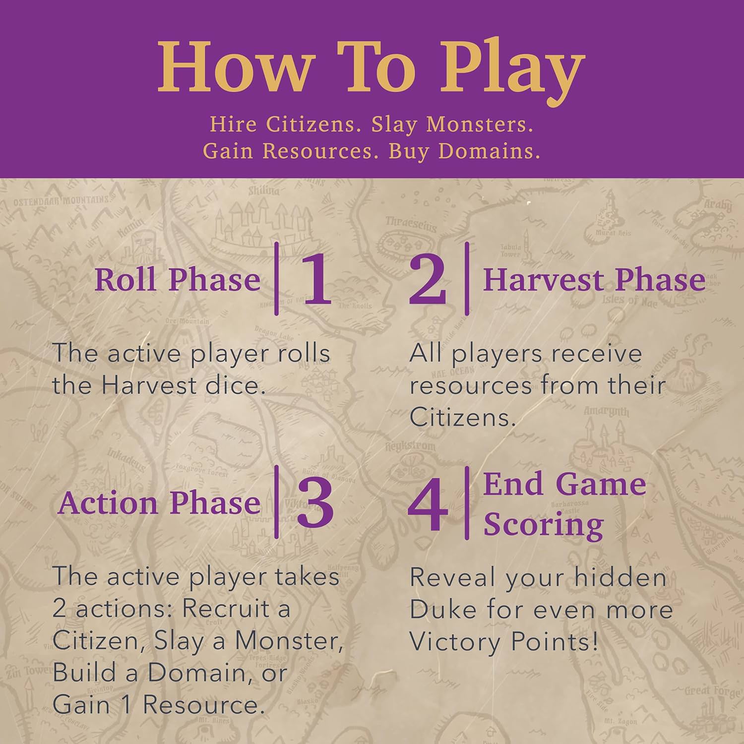 カードゲーム Valeria Card Kingdoms ヴァレリア カードキングダム Daily Magic Games ファンタジー 戦略 ダイス タブロービルディング 1人から5人 30分から45分 13歳以上 市民雇用 モンスター討伐 領地建設 資源獲得 王座 公爵 統治者 勝利点