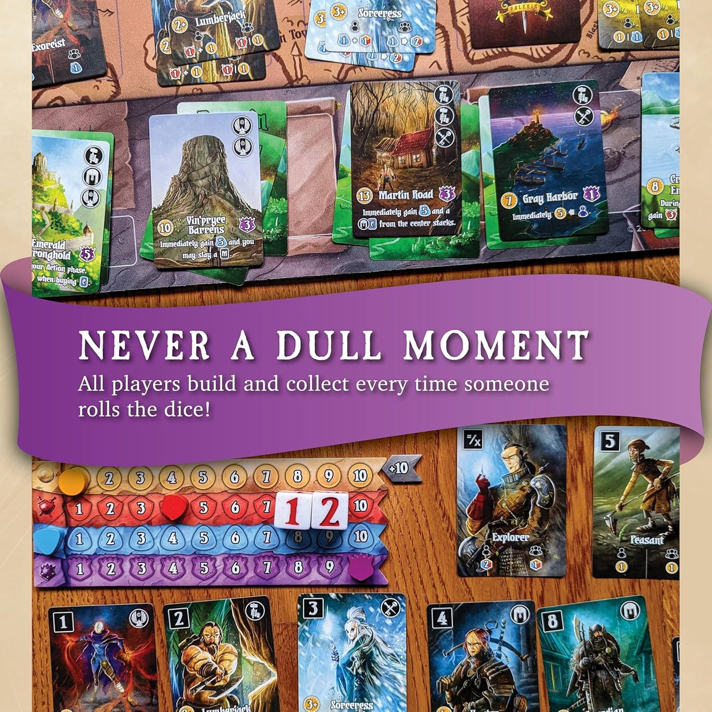 カードゲーム Valeria Card Kingdoms ヴァレリア カードキングダム Daily Magic Games ファンタジー 戦略 ダイス タブロービルディング 1人から5人 30分から45分 13歳以上 市民雇用 モンスター討伐 領地建設 資源獲得 王座 公爵 統治者 勝利点