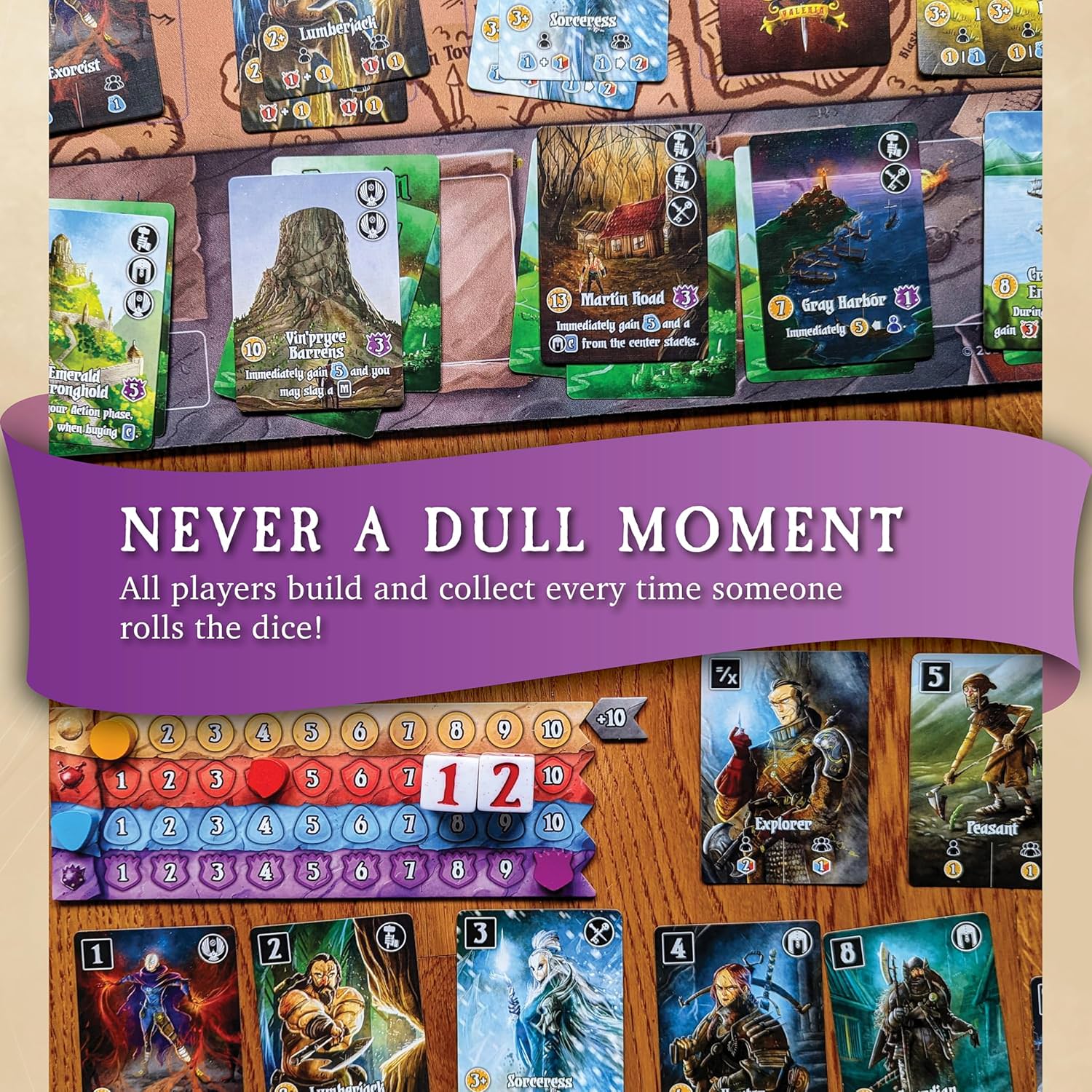 カードゲーム Valeria Card Kingdoms ヴァレリア カードキングダム Daily Magic Games ファンタジー 戦略 ダイス タブロービルディング 1人から5人 30分から45分 13歳以上 市民雇用 モンスター討伐 領地建設 資源獲得 王座 公爵 統治者 勝利点