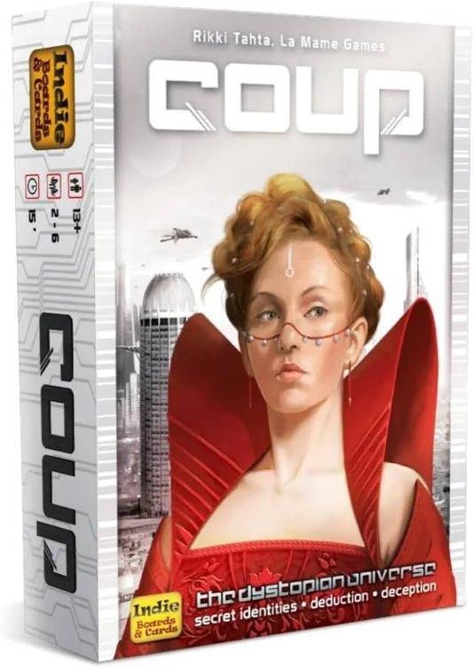 カードゲーム Coup ブラフ心理戦駆け引き 権力闘争 近未来ディストピア 社会設定 戦略重視 ブラフ要素 プレイヤー排除 ゲームプレイ時間約15分 2-6人対応 キャラクターカード15枚 コイン50枚 コンパクトサイズ 携帯便利 英語版 日本語説明書なし
