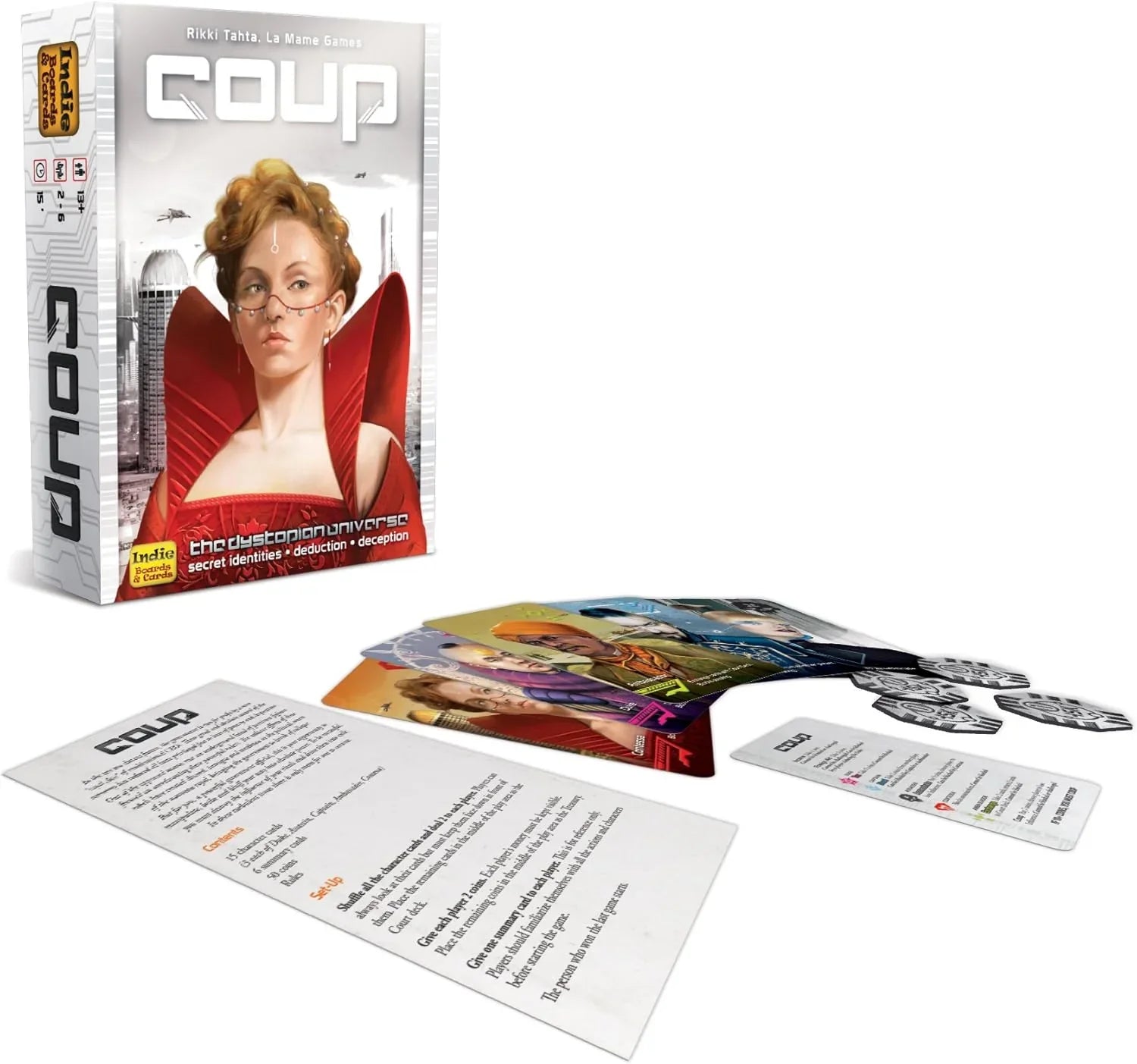 カードゲーム Coup ブラフ心理戦駆け引き 権力闘争 近未来ディストピア 社会設定 戦略重視 ブラフ要素 プレイヤー排除 ゲームプレイ時間約15分 2-6人対応 キャラクターカード15枚 コイン50枚 コンパクトサイズ 携帯便利 英語版 日本語説明書なし