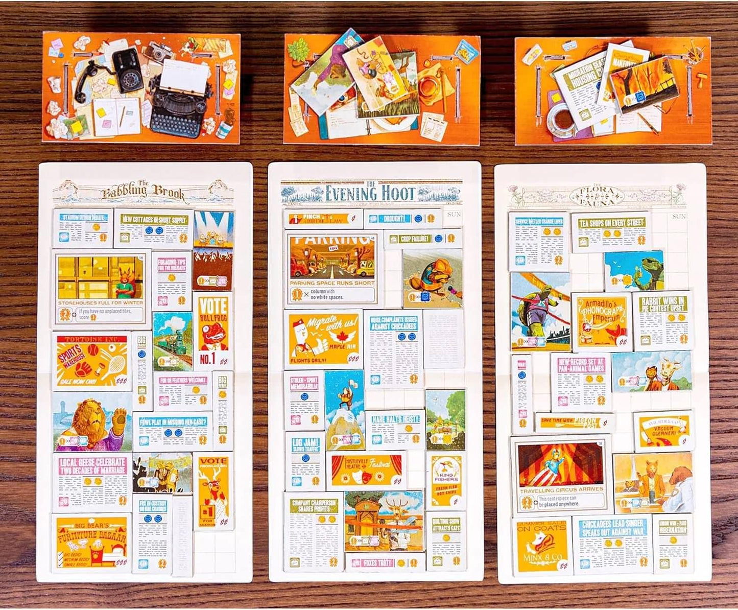 ボードゲーム Fit to Print 森の動物たちの新聞社 ティッスルビル 120枚の新聞タイル 6人用 リアルタイムパズル 編集者役割 速報ニュースカード 独創的でチャーミングな新聞作りゲーム 15から30分プレイ ファミリー向け 英語版 日本語説明書なし