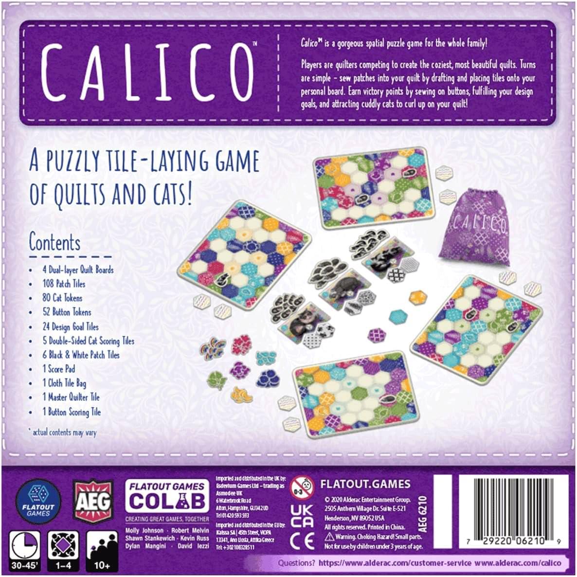 ボードゲーム Calico パッチワーク 猫かわいい Calico シンプルルール 戦略タイル配置 ゲーム 家族友人向け 108枚パッチタイル 80個猫トークン 52個ボタントークン デザイン目標タイル搭載 プレイ時間30-45分英語版 日本語説明書なし