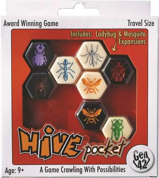 ボードゲーム Hive Pocket ハイブ ポケット 昆虫たちの戦略バトル 六角形ピース配置 女王蜂囲み勝利 ブランド Hive 新境地 盤面不要 手軽 持ち運び 四ターン目の女王蜂配置 甲虫 バッタ クモ 蟻 多彩昆虫ピース 高戦略性