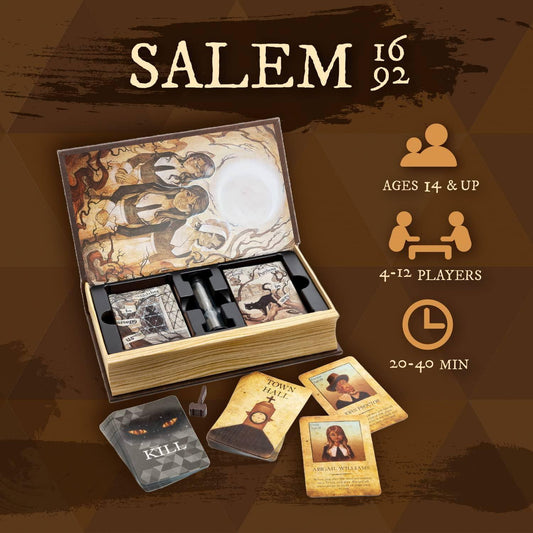 ボードゲーム Salem 1692 Facade Games 歴史的魔女裁判心理戦カードゲームソーシャルディダクション駆け引き村人魔女役割推理協力対決4人以上対応外観古書風磁石閉じ式デラックス版ルール多言語対応 英語版 日本語説明書なし