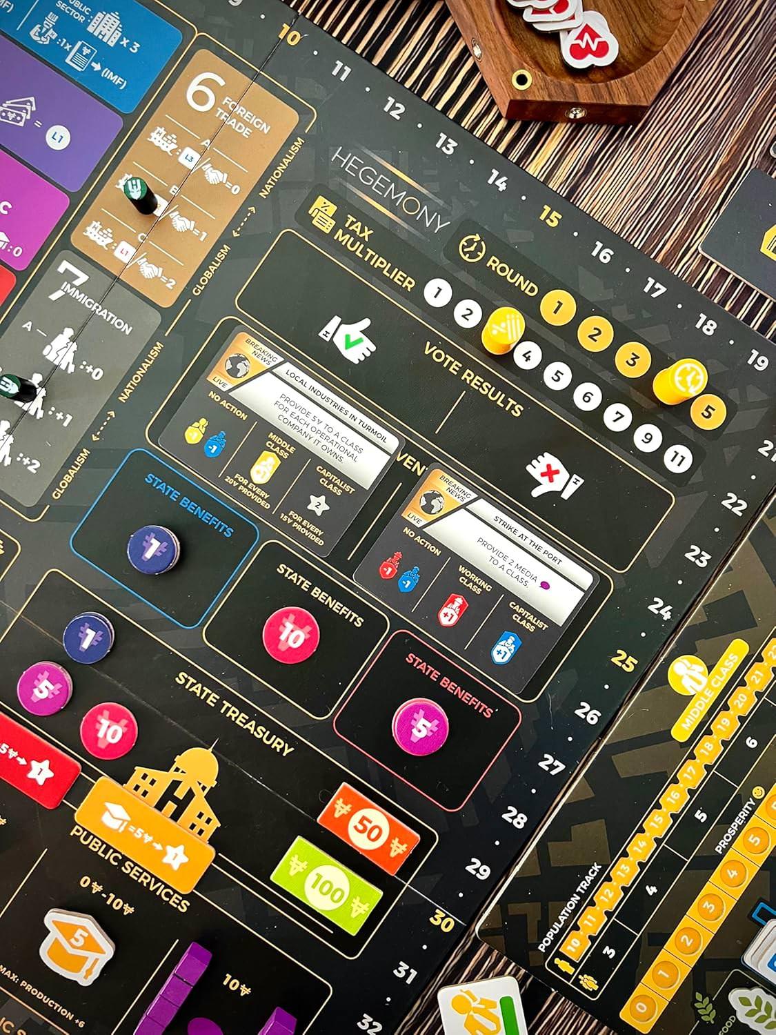 ボードゲーム Hegemony ヘゲモニー 非対称政治経済カードドリブンゲーム 社会多層構造再現 労働者階級 中産階級 資本家階級 国家担当 戦略的選択 投票政策ゲーム 複雑インタラクティブ プレイ90分以上英語版 日本語説明書なし
