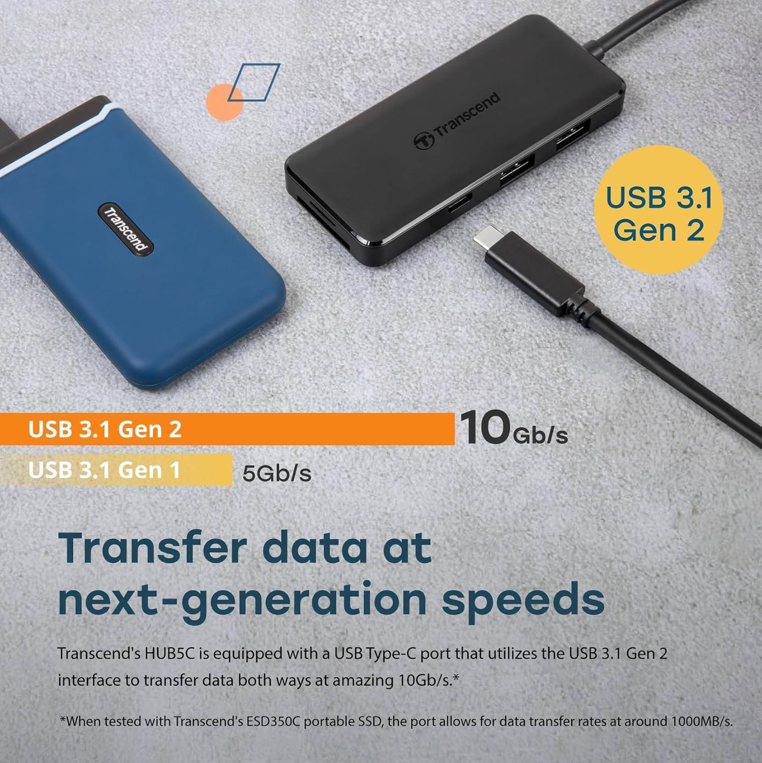 USBハブ Transcend HUB5C 6-in-1 USB Type-C ハブ 多機能 ハイスピード データ転送 USB3.1 Gen2対応 USB CDカードスロット搭載 リバーシブル USB Type-C コネクタ USB PD 60W 高速 SD microSD カードリーダー対応 軽量 コンパクト 並行輸入品