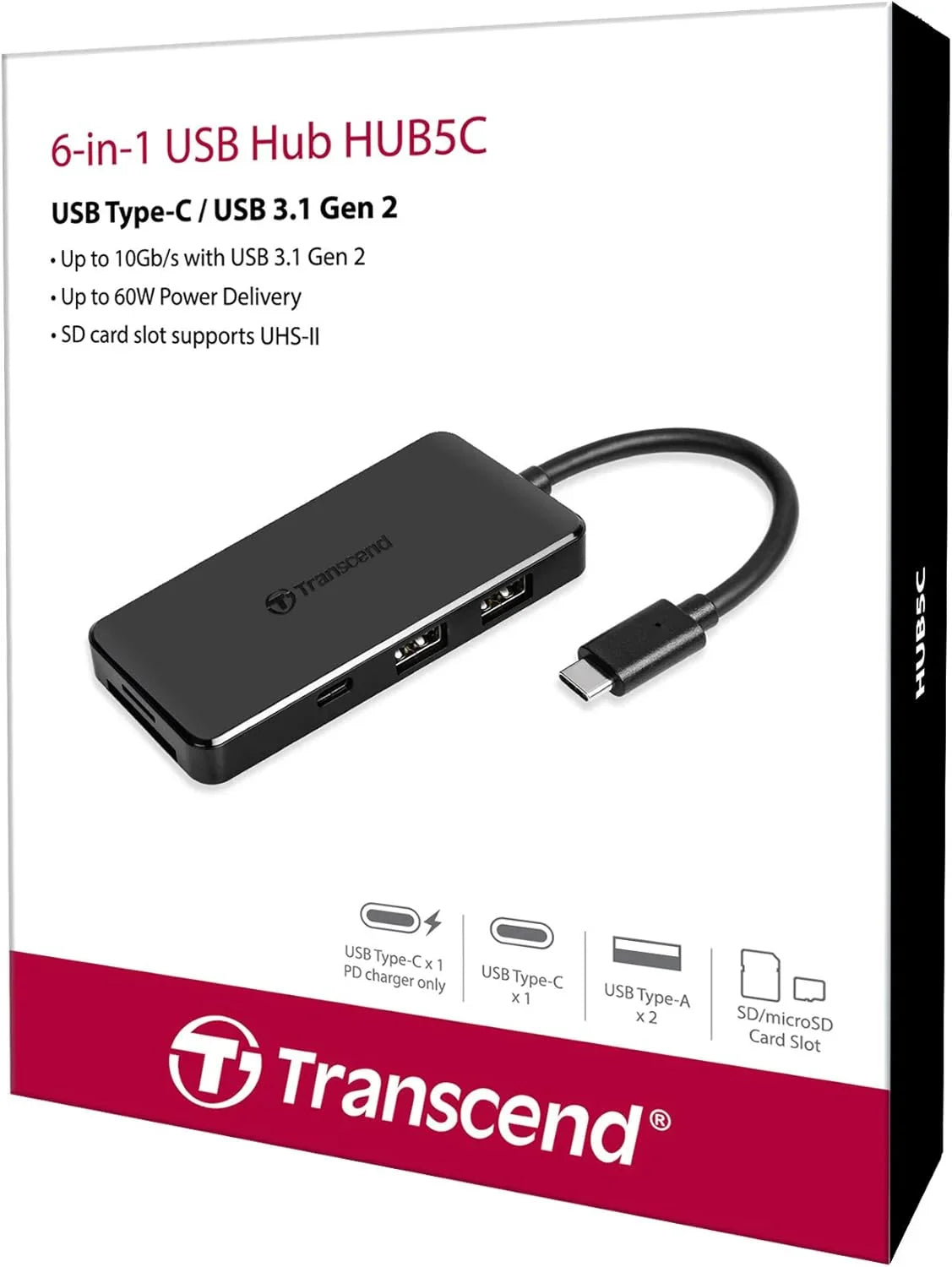 USBハブ Transcend HUB5C 6-in-1 USB Type-C ハブ 多機能 ハイスピード データ転送 USB3.1 Gen2対応 USB CDカードスロット搭載 リバーシブル USB Type-C コネクタ USB PD 60W 高速 SD microSD カードリーダー対応 軽量 コンパクト 並行輸入品