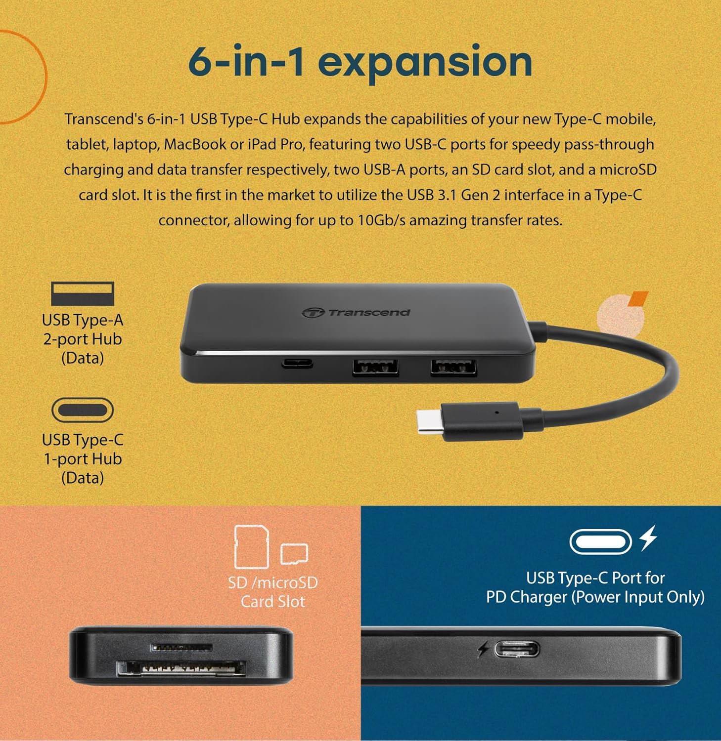 USBハブ Transcend HUB5C 6-in-1 USB Type-C ハブ 多機能 ハイスピード データ転送 USB3.1 Gen2対応 USB CDカードスロット搭載 リバーシブル USB Type-C コネクタ USB PD 60W 高速 SD microSD カードリーダー対応 軽量 コンパクト 並行輸入品