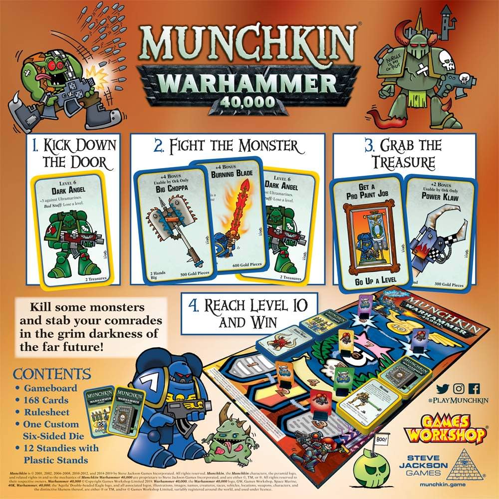 カードゲーム Munchkin Warhammer 40,000 Steve Jackson Games 168枚カード 3-6人用 ボードゲーム ゲームボード付属 カスタムダイス Ultramarine Necron Aeldari Ork Death Guard Tyranid Andrew Hackard John Kovalic