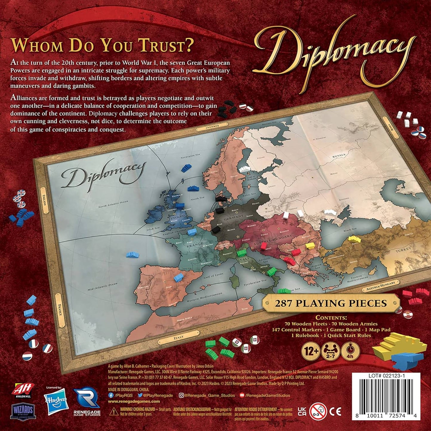 ボードゲーム Diplomacy ディプロマシー Renegade Game Studios 戦略 交渉 裏切り 2-7人 12歳以上 4時間 木製ミープル140個 クイックスタートルール 外交 同盟 20世紀ヨーロッパ列強 サイコロ不使用