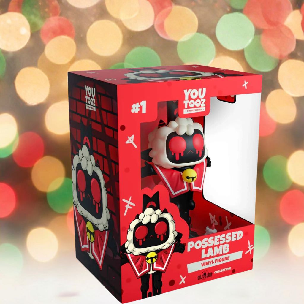 Youtooz Cult of the Lamb Action Roguelike Figure, Mystical Possessed Lamb, 5.4" Tall, Collectible, Highly Detailed Figure, Red Eyes, Blood Dripping, Black Face, Red and White Cloak, Yellow Bell Decoration, Blood Splatter Background, Parallel Import