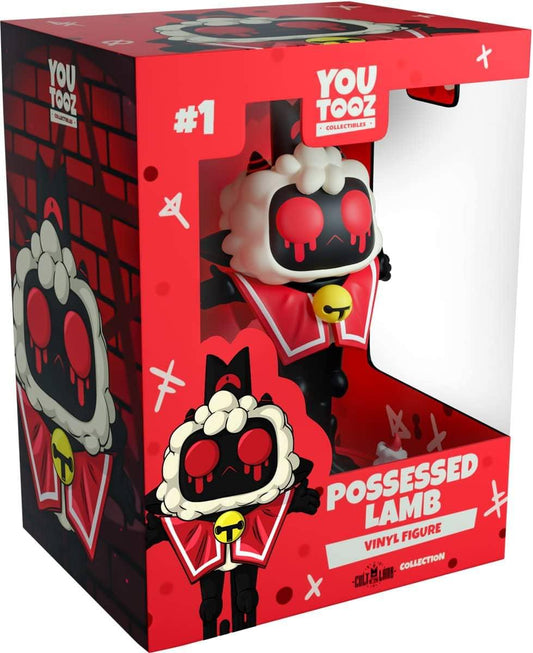 フィギュア 神秘的神秘力 憑依子羊 Possessed Lamb Youtooz アクションローグライクゲーム Cult of the Lamb 高さ5.4インチ コレクターズアイテム 精巧立体化 赤い目血滴る 黒い顔 赤白マント 黄色鈴装飾 血しぶき背景 並行輸入品