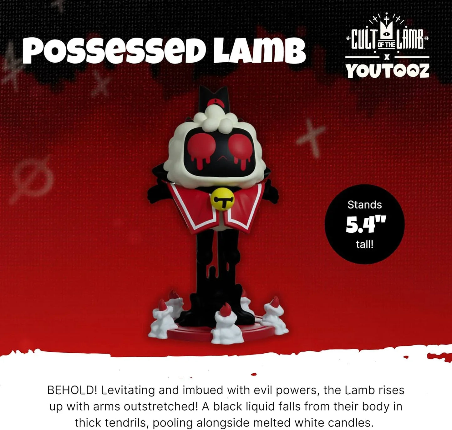 フィギュア 神秘的神秘力 憑依子羊 Possessed Lamb Youtooz アクションローグライクゲーム Cult of the Lamb 高さ5.4インチ コレクターズアイテム 精巧立体化 赤い目血滴る 黒い顔 赤白マント 黄色鈴装飾 血しぶき背景 並行輸入品