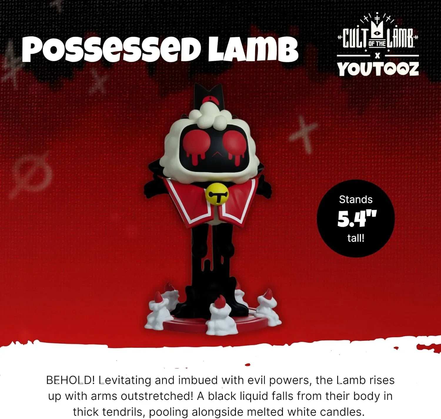 フィギュア 神秘的神秘力 憑依子羊 Possessed Lamb Youtooz アクションローグライクゲーム Cult of the Lamb 高さ5.4インチ コレクターズアイテム 精巧立体化 赤い目血滴る 黒い顔 赤白マント 黄色鈴装飾 血しぶき背景 並行輸入品