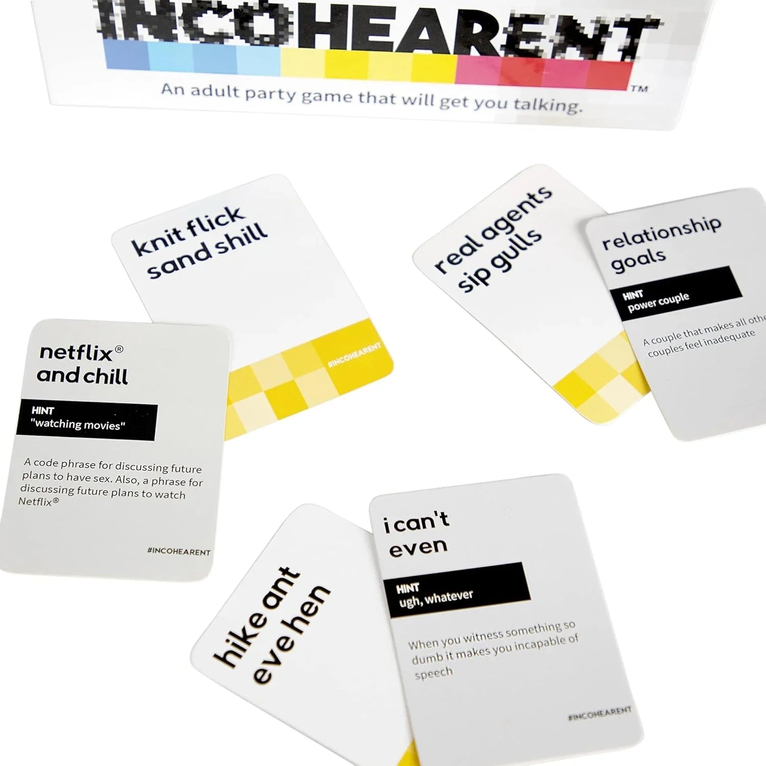 パーティーゲーム Incohearent インコヒアレント ブランド 話題の声に出して読むだけで大爆笑 意味不明な言葉組み合わせが別の言葉に変わる カード400枚以上 ヒント付き タイマー完備 2人から20人以上対応 17歳以上対象