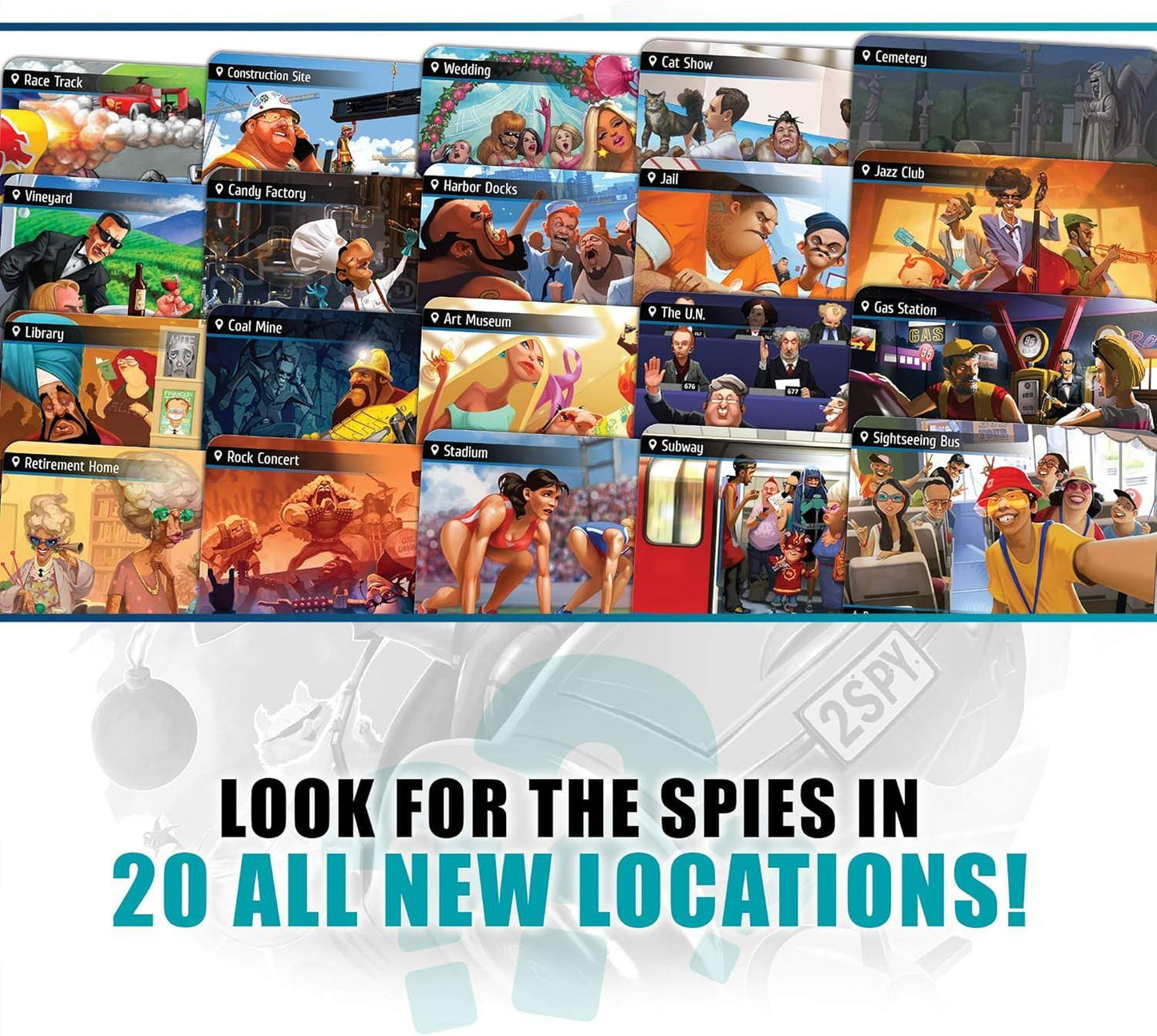 パーティーゲーム Spyfall 2 スパイフォールツー 13歳以上 3人から12人参加可能 複数の短いラウンド構成 新規20種類場所追加 2人スパイシステム搭載 複雑な心理戦と協力推理 ゲーム時間約30分 ブランドなし 英語版 日本語説明書なし