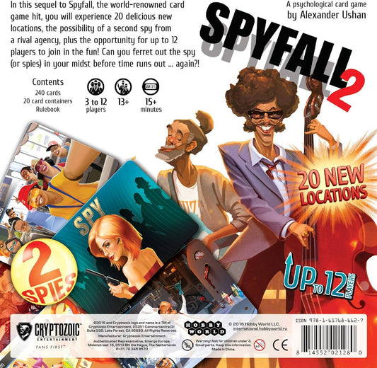 パーティーゲーム Spyfall 2 スパイフォールツー 13歳以上 3人から12人参加可能 複数の短いラウンド構成 新規20種類場所追加 2人スパイシステム搭載 複雑な心理戦と協力推理 ゲーム時間約30分 ブランドなし 英語版 日本語説明書なし
