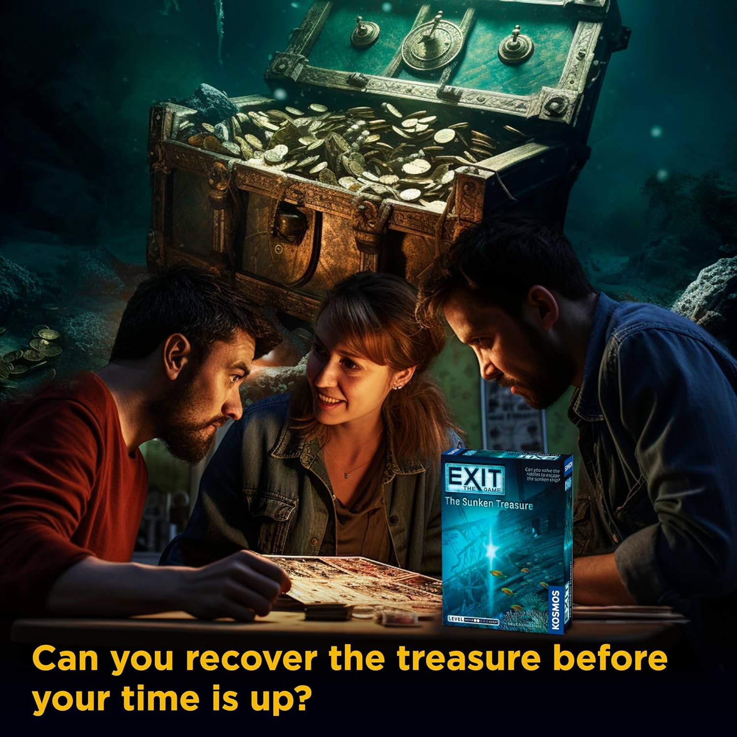 エスケープルーム体験ゲーム Exit The Sunken Treasure エグジット 沈没船の宝 Thames Kosmos 深海冒険謎解き 協力型 難易度2 10歳以上 1-4人 60-120分 一回限り アンプラグド チームワーク 推理 創造性 財宝 リアルタイム