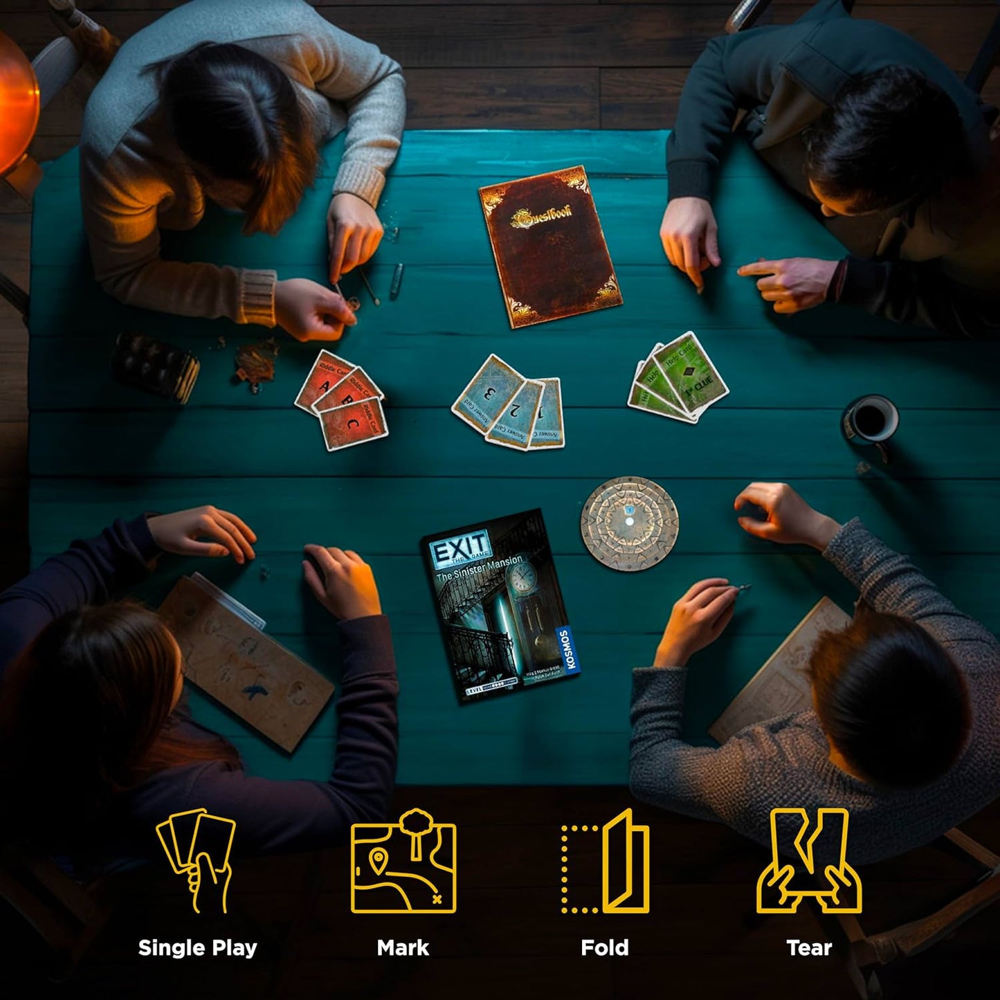 ボードゲーム EXIT The Sinister Mansion エグジット 不気味な邸宅 Thames Kosmos エスケープルーム体験型 1人から4人 推奨年齢12歳以上 プレイ時間60分から120分 難易度3 アプリ不要 協力プレイ 一回限り 英語版 日本語説明書なし