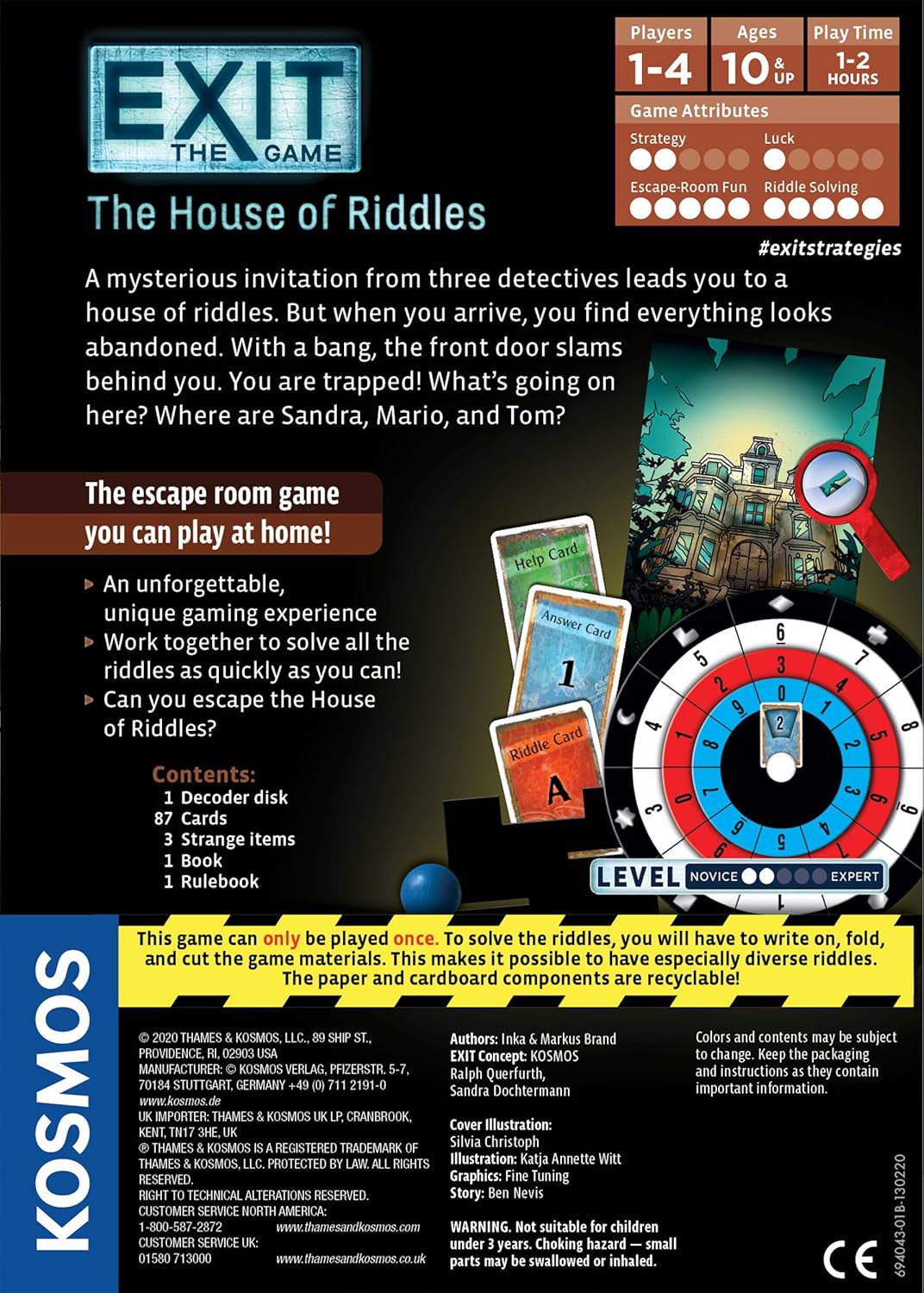 協力型エスケープゲーム Exit The House of Riddles ハウス・オブ・リドルズ Thames Kosmos 1人から4人 60分から120分 10歳以上 カードベース デコーダーディスク 87枚 謎解き 脱出 探偵 特別アイテム ホラー要素