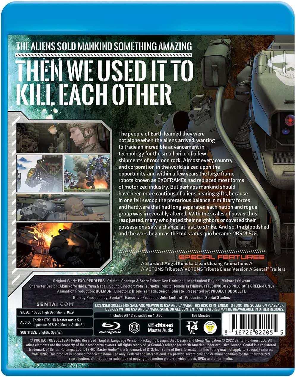 Blu-ray OBSOLETE オブソリート 武右ェ門制作 完全オリジナルフルCGアニメ 全12エピソード収録 奇才虚淵玄原案 シリーズ構成 巨大ロボットEXOFRAME登場 精緻なCGアニメーション 表現 未来社会 軍事力変動 SFアニメーション作品 