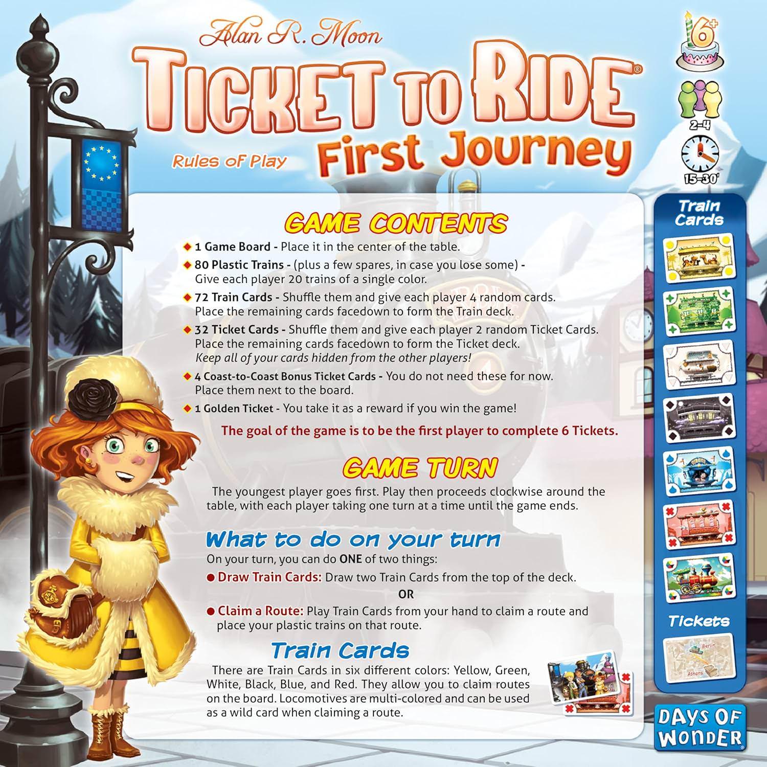 ボードゲーム Ticket To Ride First Journey Ticket to Ride ヨーロッパの鉄道旅 親子で楽しむ戦略的列車カード チケット達成色覚配慮 記号つきカード 大きめ列車コマ 予備付き 家族向け プレイ時間15-30分 2-4人対応 