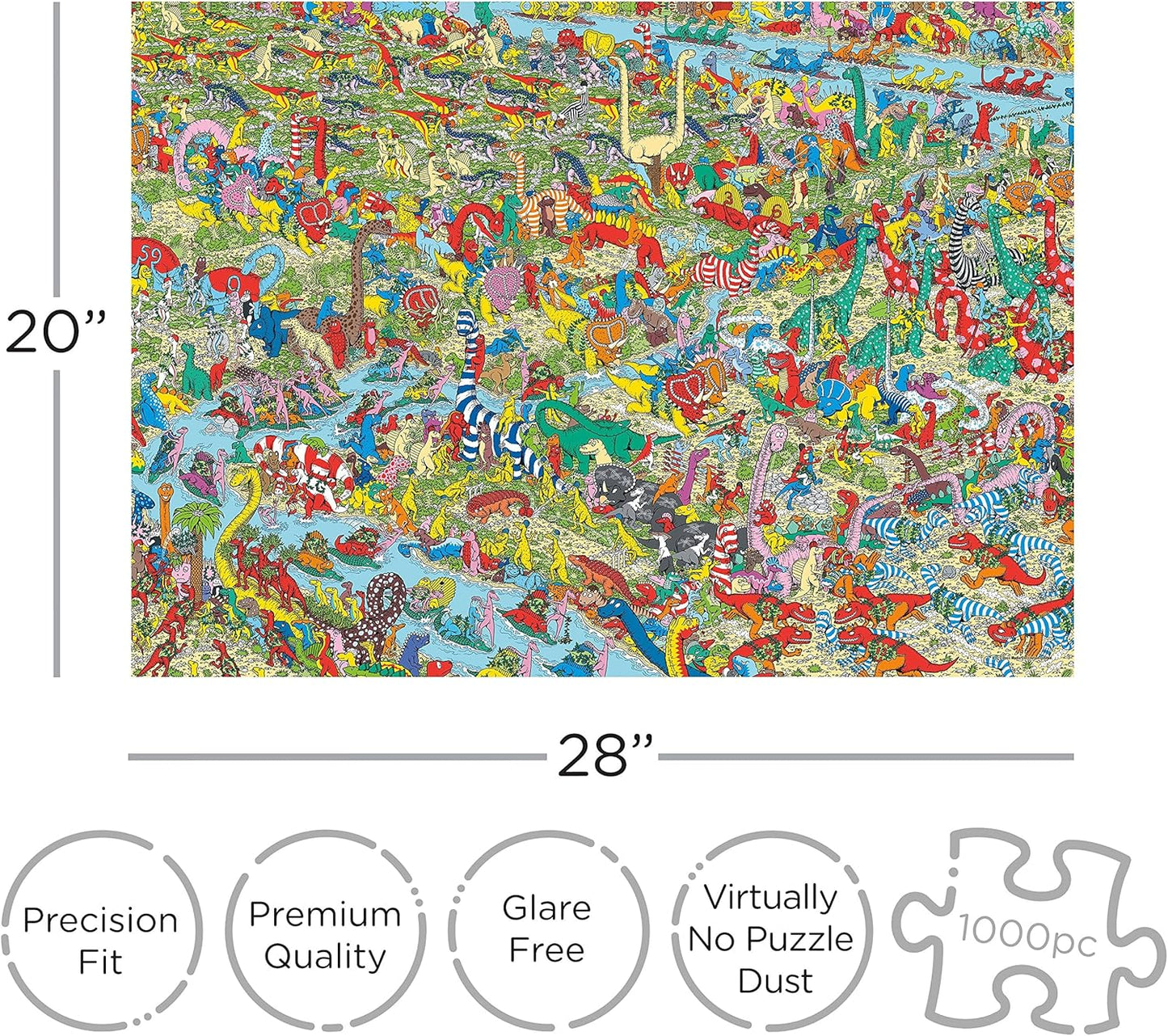 ジグソーパズル ウォーリーを探せ 恐竜パズル AQUARIUS 1000ピース NBC Universal公式ライセンス 精密カッティング技術 グレアフリー加工 完成サイズ71.1cm×50.8cm 高品質上質紙材 厚み耐久性 中級レベル 家族楽しめる