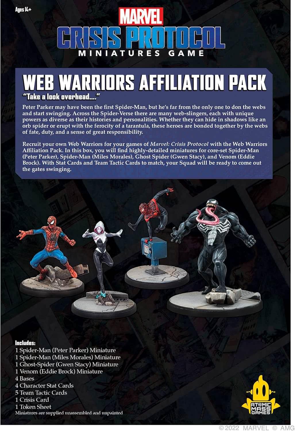 ミニチュアゲーム マーベル クライシスプロトコル Web Warriors アフィリエーションパック 人気キャラクター4体 スパイダーマン ピーター・パーカー マイルス・モラレス ゴーストスパイダー ヴェノム 組立て塗装 