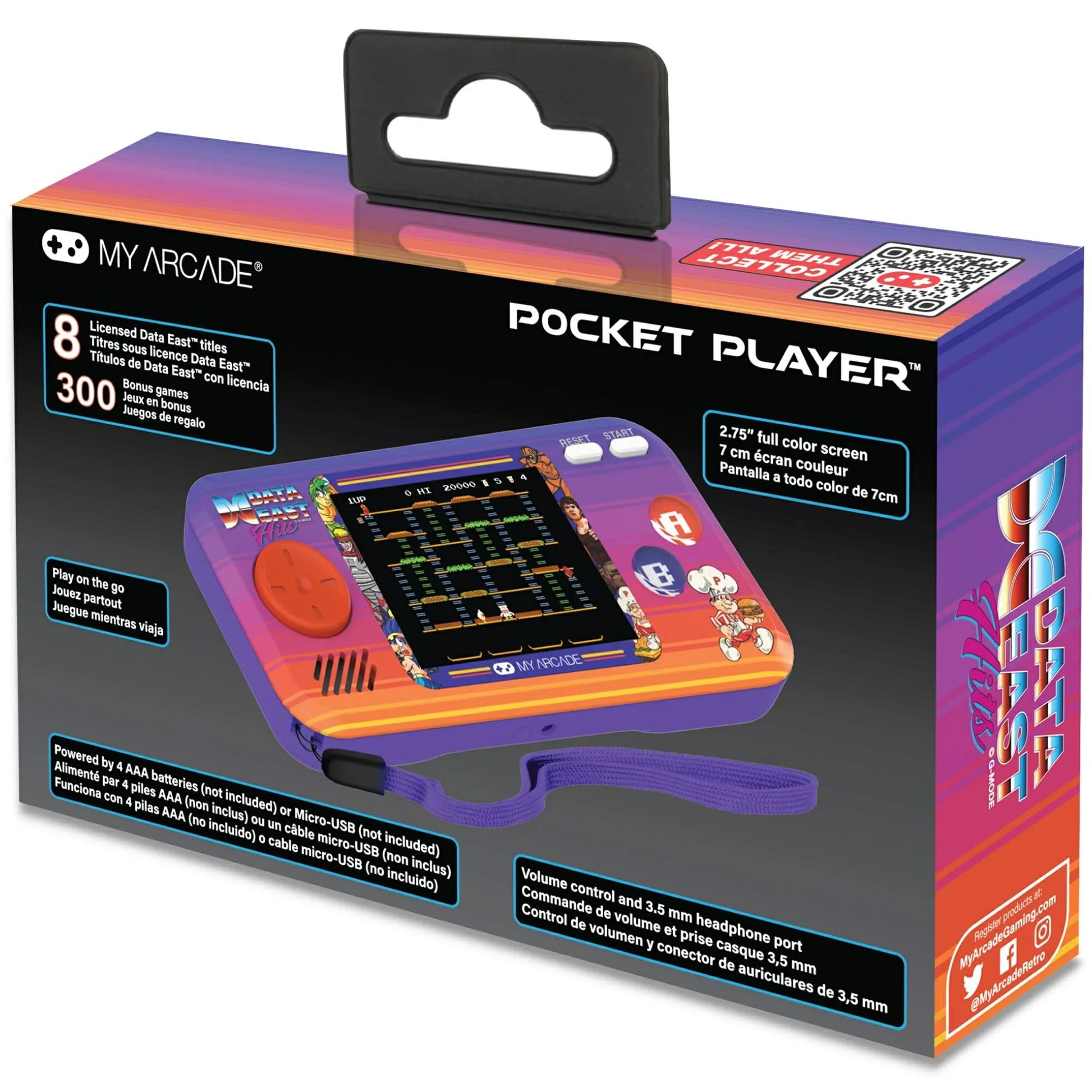 アウトレット品 携帯ゲーム機 Data East Hits Pocket Player Data East社 名作8タイトル収録 300種類ボーナスゲーム搭載 2.75インチフルカラー液晶 前面スピーカー音量調節可能 3.5mmヘッドフォン端子 Micro-USB給電対応 単4電池4本使用可
