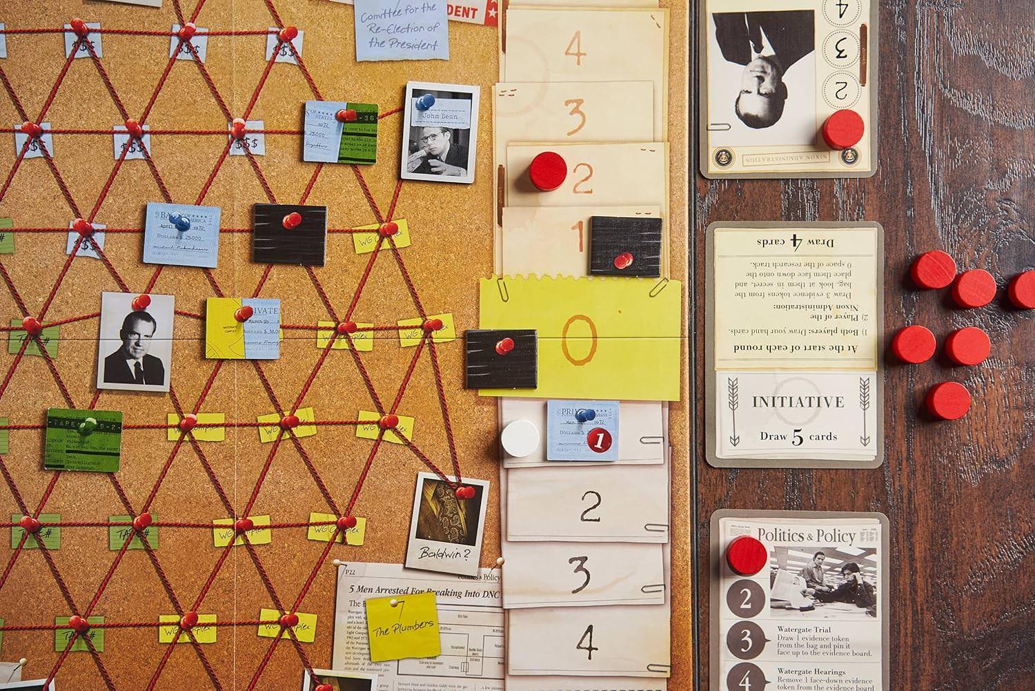 ボードゲーム Watergate 水門事件 政治スキャンダル 再現 二人用戦略ゲーム Capstone Games Matthias Cramer デザイナー カード駆動型 証拠ウェブ 証拠トラック モメンタム イニシアチブ ハンドマネジメント 英語版 日本語説明書なし