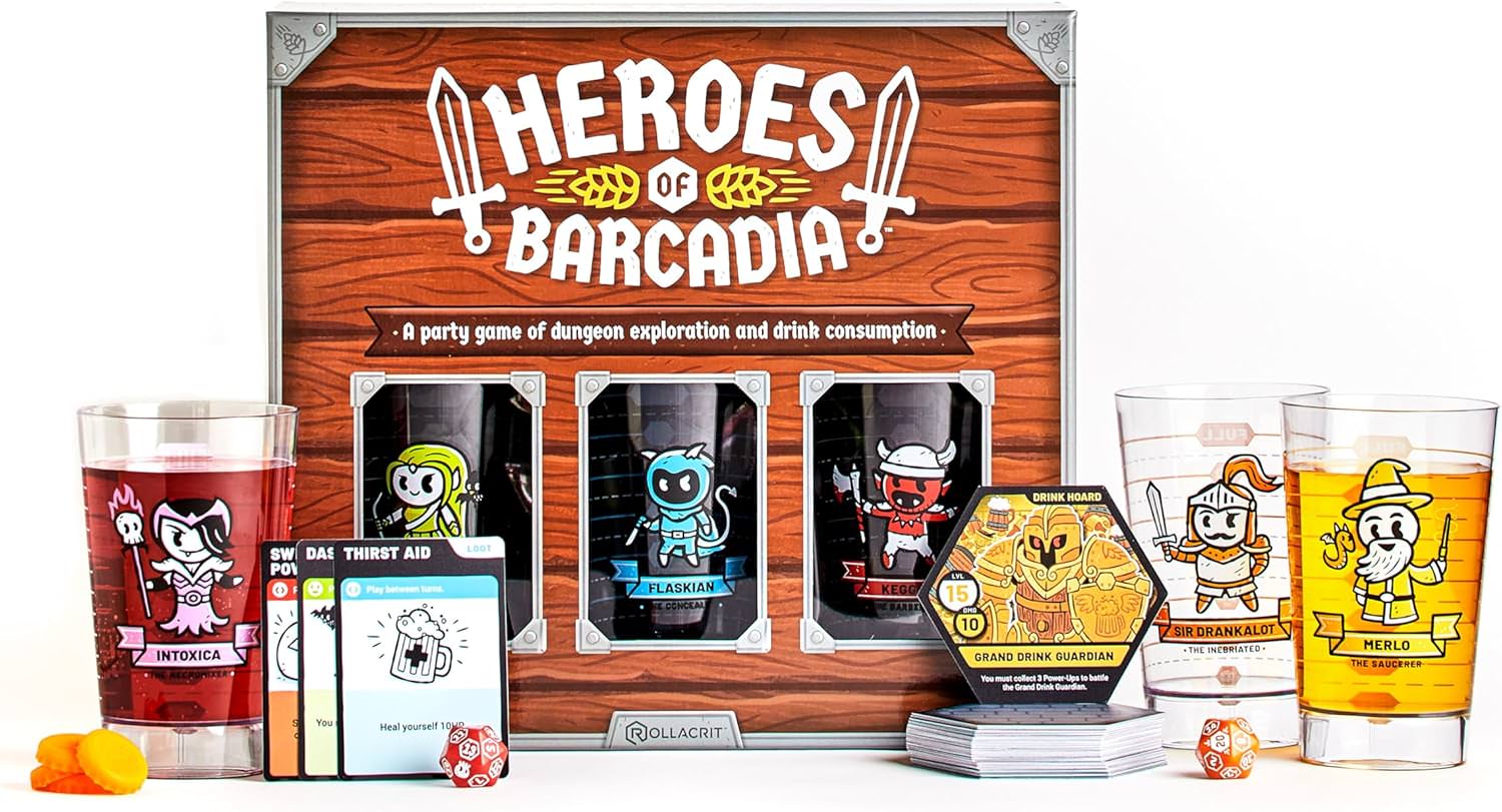 ボードゲーム Heroes of Barcadia ヒーローズ・オブ・バーケイディア Rollacrit社 ダンジョン探索 パーティゲーム 協力 対戦 英雄 ファンタジー 冒険 専用グラス 体力管理 飲み物 モンスター 戦闘 戦利品 2人から6人