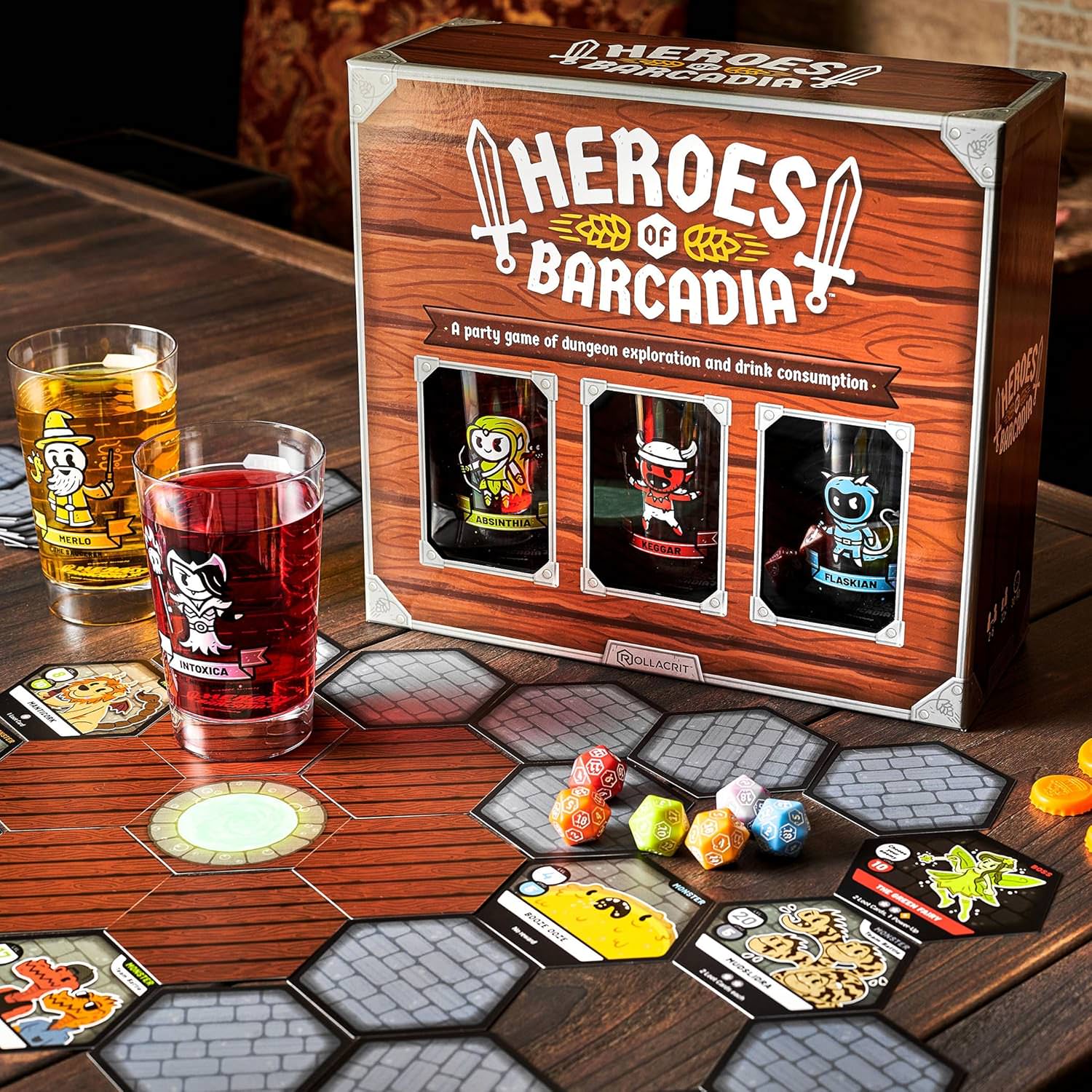 ボードゲーム Heroes of Barcadia ヒーローズ・オブ・バーケイディア Rollacrit社 ダンジョン探索 パーティゲーム 協力 対戦 英雄 ファンタジー 冒険 専用グラス 体力管理 飲み物 モンスター 戦闘 戦利品 2人から6人