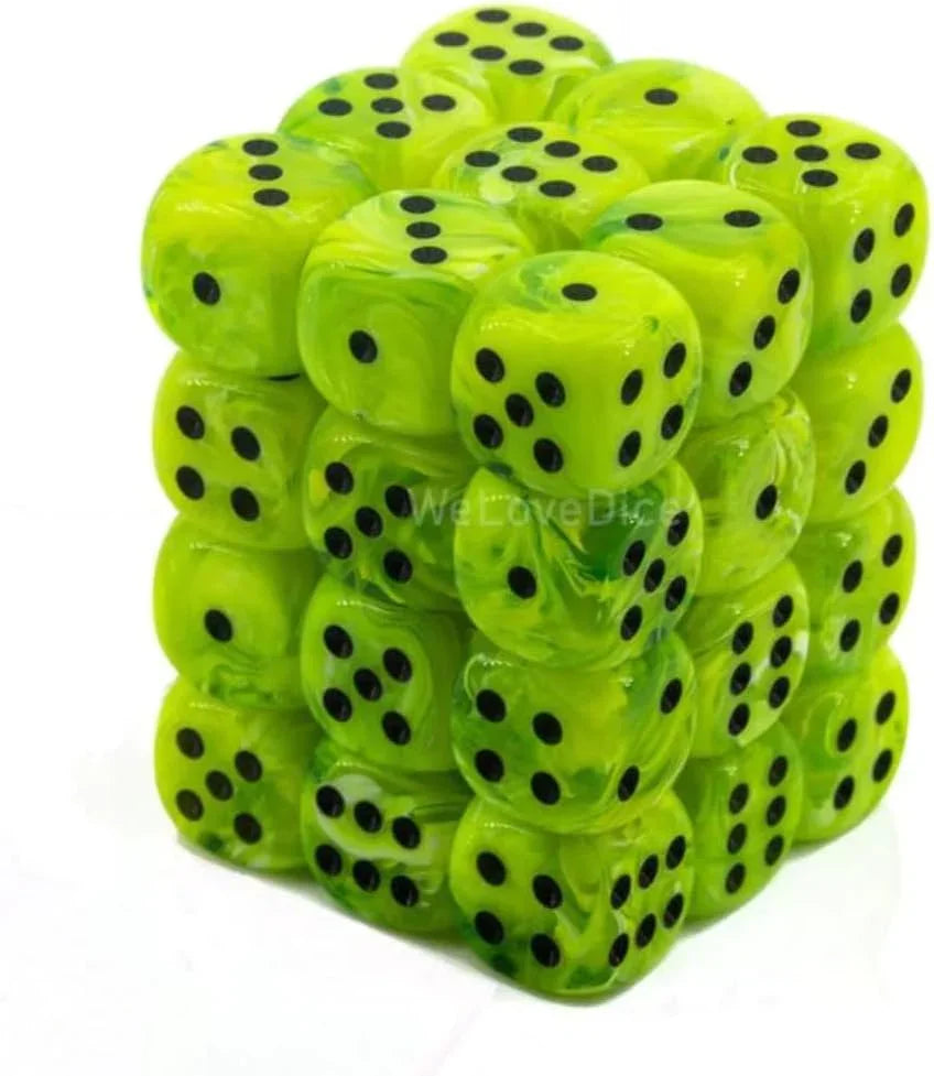 ダイスブロック Chessex Vortex Bright Green Black 12mm D6 ダイス テーブルゲーム RPG ボードゲーム用 アクリル樹脂製 高耐久性 個性的な渦巻き模様 36個セット 持ち運びやすい透明プラスチックケース付き 英語版 日本語説明書なし