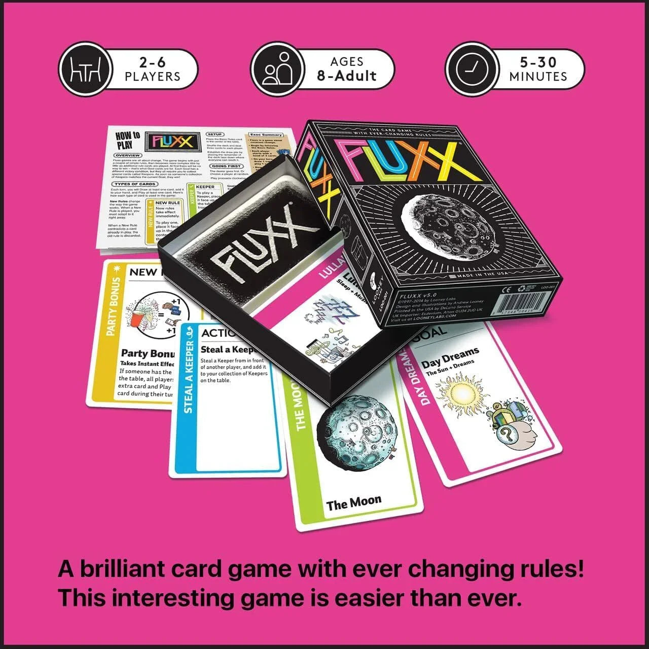 カードゲーム Fluxx 5.0 Original Fluxx 常に変化 ルール 勝利条件 予測不能 戦略的 初心者 上級者 シンプル 流動的 100枚 4つ 主要 カードタイプ 混沌 予測不可能性 適応力 柔軟 英語版 日本語説明書なし
