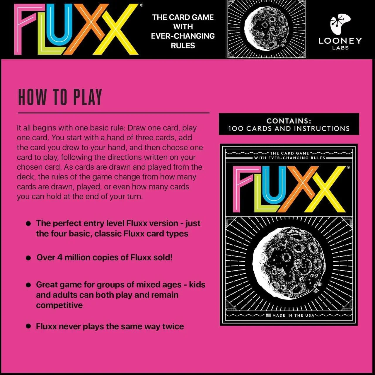 カードゲーム Fluxx 5.0 Original Fluxx 常に変化 ルール 勝利条件 予測不能 戦略的 初心者 上級者 シンプル 流動的 100枚 4つ 主要 カードタイプ 混沌 予測不可能性 適応力 柔軟 英語版 日本語説明書なし