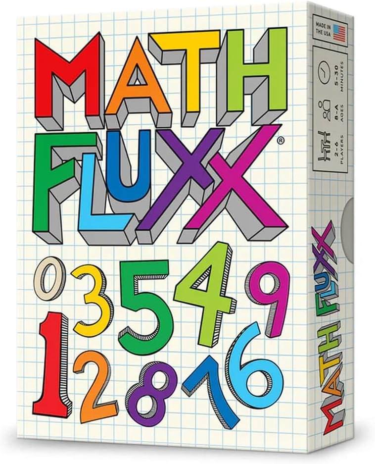 カードゲーム Math Fluxx 算数 数学 戦略性 変化 ルール 2人-6人 5分-30分 四則演算 指数関数的 楽しさ 英語版 日本語説明書なし