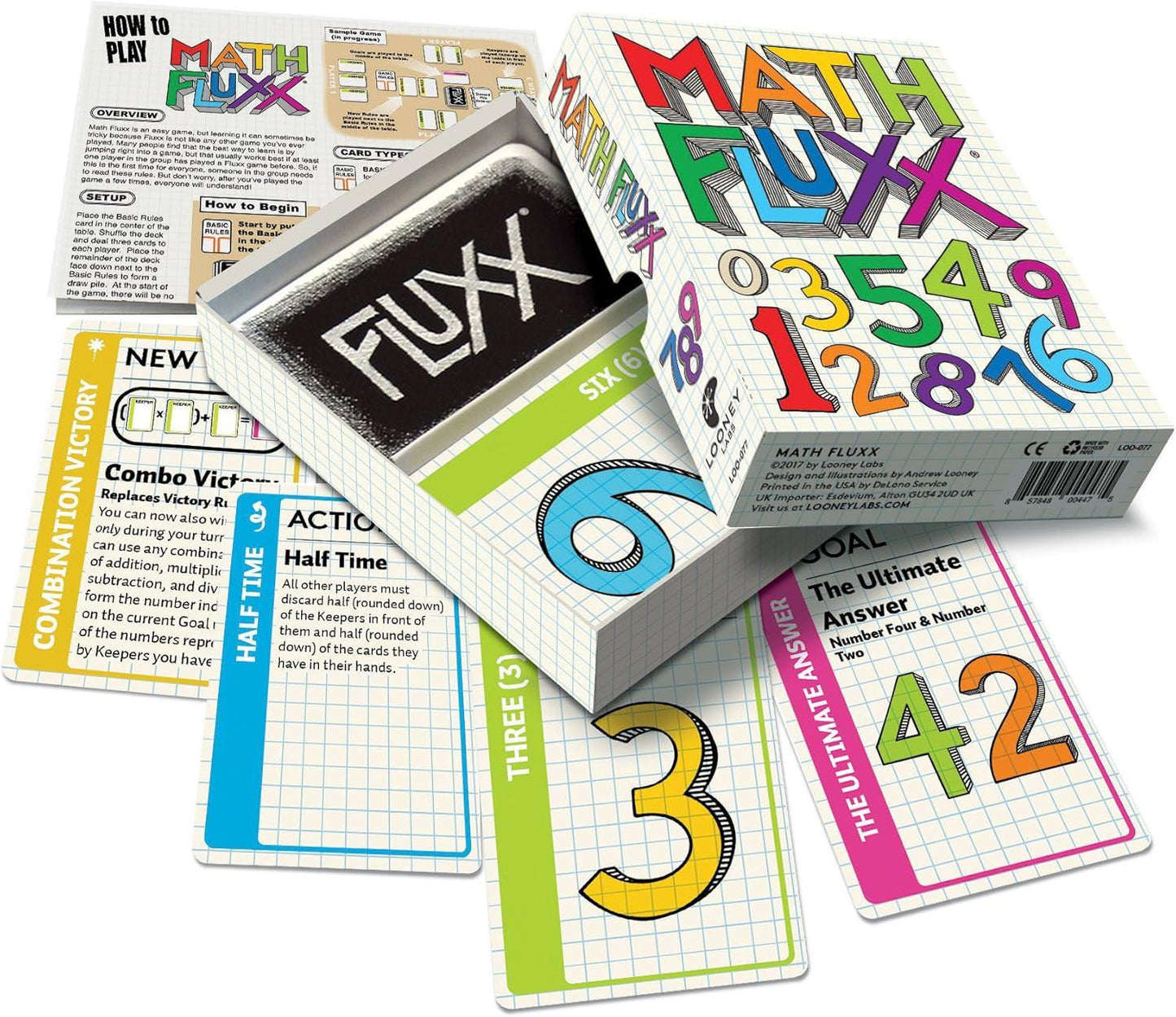 カードゲーム Math Fluxx 算数 数学 戦略性 変化 ルール 2人-6人 5分-30分 四則演算 指数関数的 楽しさ 英語版 日本語説明書なし