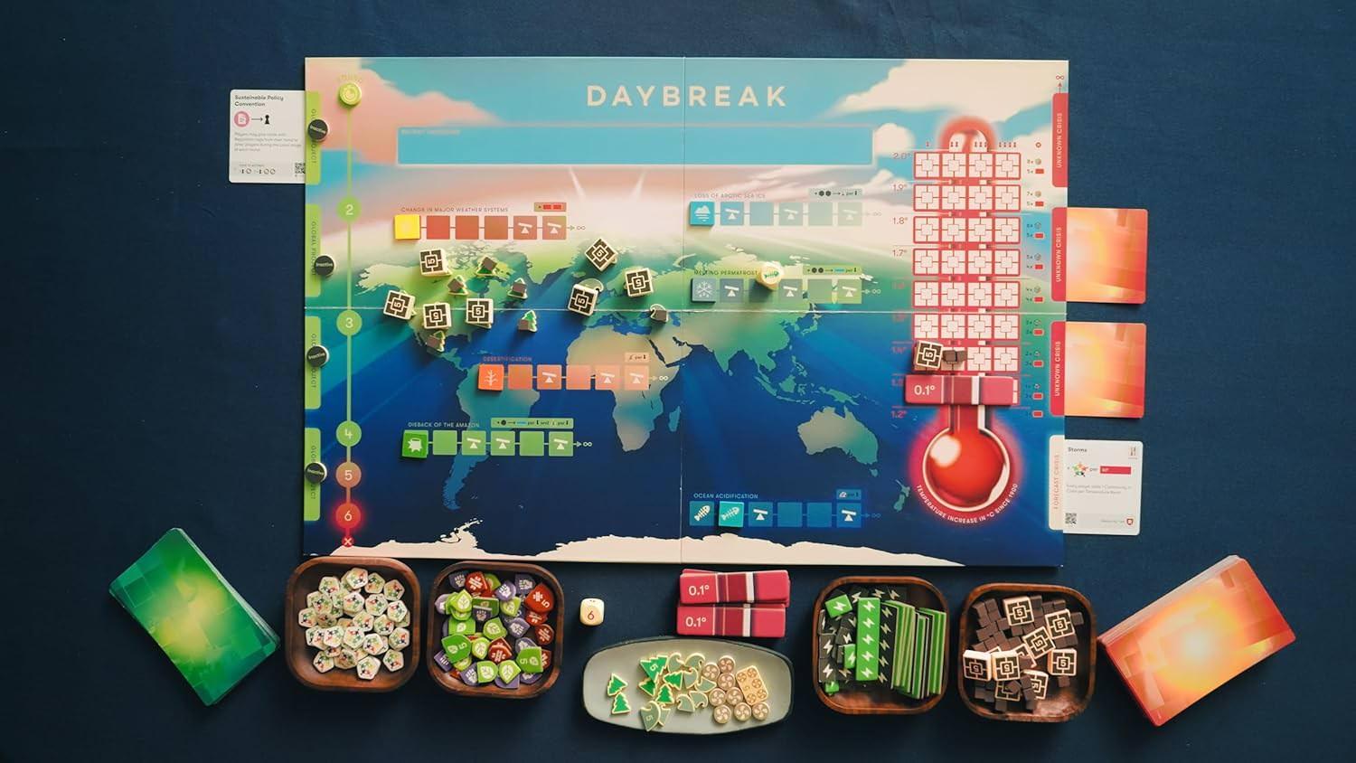ボードゲーム Daybreak Asmodee Editions FSC認証木材使用 環境配慮型持続可能社会構築協力型地球温暖化対策戦略エンジン構築システム採用豊富なオリジナルアート175枚以上カード木製コンポーネント再生素材利用 