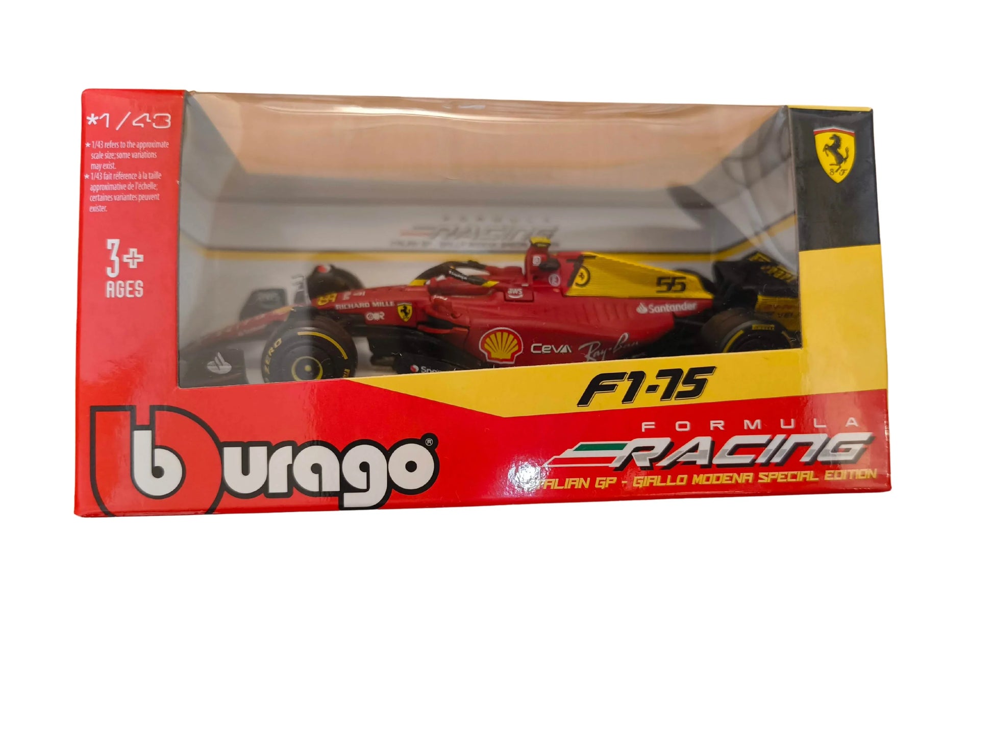 ミニカー フェラーリ F1-75 カルロス・サインツ モンツァ リバリー ブラーゴ 2022年F1イタリアグランプリ限定 特別カラーリング 75周年記念イエローリバリー 1/43スケール 精巧なダイキャストモデル 車輪回転機能搭載