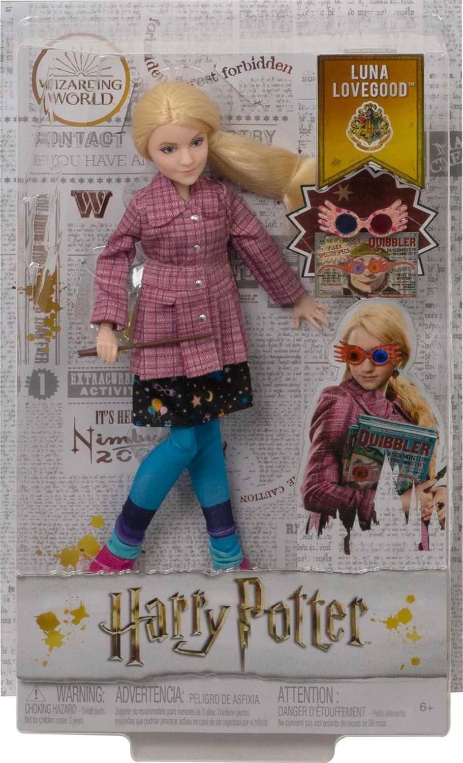 フィギュア ルーナ・ラブグッド 魔法界の個性派ヒロイン Mattel ハリー・ポッターシリーズ 約25cm 可動式 ピンクツイードジャケット 宇宙柄スカート タイツ ピンクスニーカー クィブラー雑誌 スペクトルスペックス 魔法の杖付き 並行輸入品