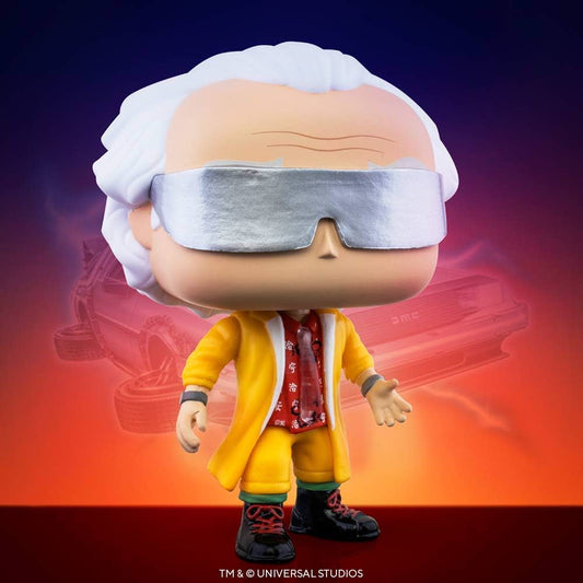 フィギュア Funko Pop Movies Back to The Future Doc 2015 バック・トゥ・ザ・フューチャー エメット・ブラウン博士 未来世界 銀色バイザー型サングラス 黄色ロングコート 透明ネクタイ コレクション アイテム タイムトラベル