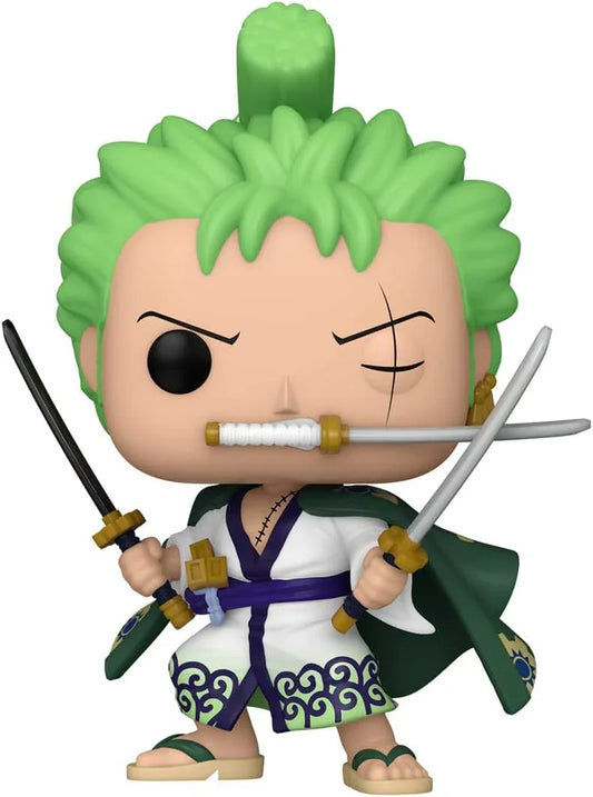 フィギュア ワンピース ロロノア ゾロ FUNKO POP ブランド 高品質な造形 彩色 三刀使いの剣豪 緑色の髪 三本の刀 戦闘態勢の姿勢 頭部可動式 約10cmのコンパクトサイズ 高いコレクション価値 ミニチュア海賊団 作成可能 プレゼント最適