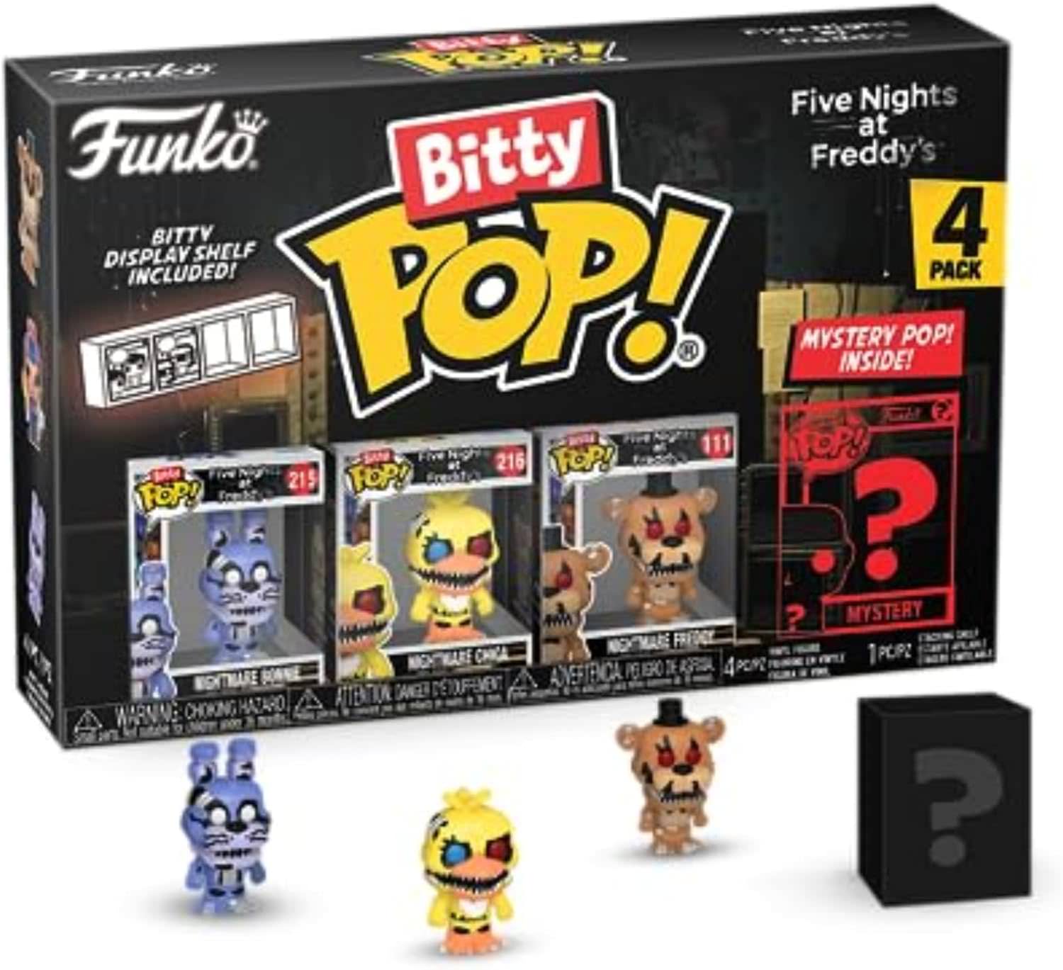 ホラーゲーム フィギュア Five Nights at Freddy's フレディーズでの五夜 Bitty Pop! 4パックセット Nightmare Bonnie ミステリー レア ハイパーレア アニマトロニクス コレクション ハードアクリルケース 夜間警備員 恐怖演出 底蓋