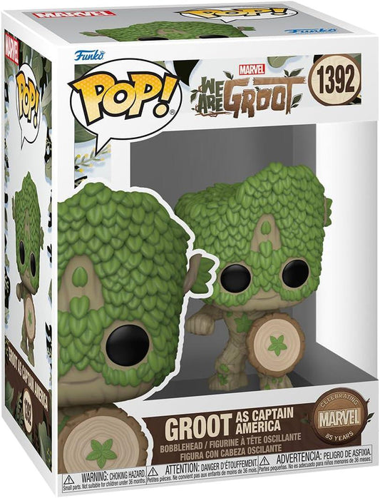 フィギュア Funko Pop Marvel Groot as Captain America マーベル85周年記念 We Are Groot 特別デザイン 高品質 ビニール製ボブルヘッド 約8.1cm 窓付きボックス コレクター向け 木の質感 キャプテンアメリカの盾 再現 並行輸入品