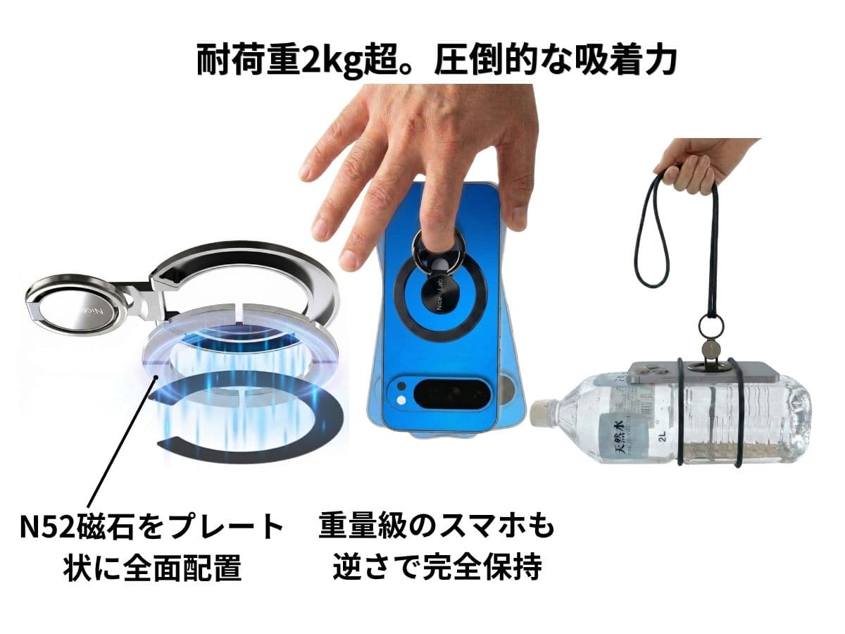 Nice Lab. MagSafe対応 スマホリング | iPhone・Android全機種対応 極薄5mm 縦置きスタンド N52磁石 耐荷重2kg超