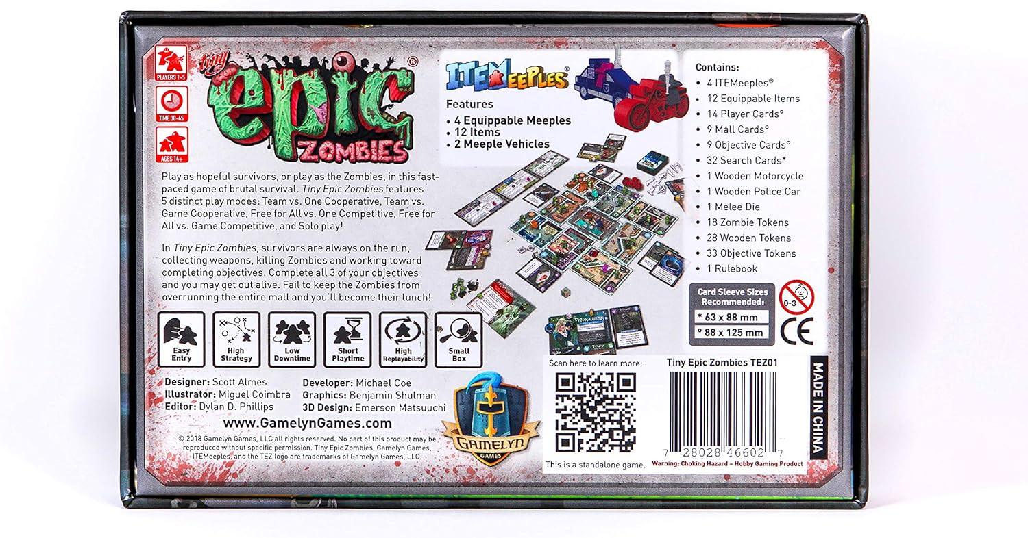 ボードゲーム Tiny Epic Zombies スコット・アルメス 小型コンパクト 多彩なプレイモード ゾンビサバイバル ITEMeeplesシステム 探索戦闘協力プレイ ソロ対応 14歳以上 プレイヤーパワー 可変ダイス推奨時間30から60分 
