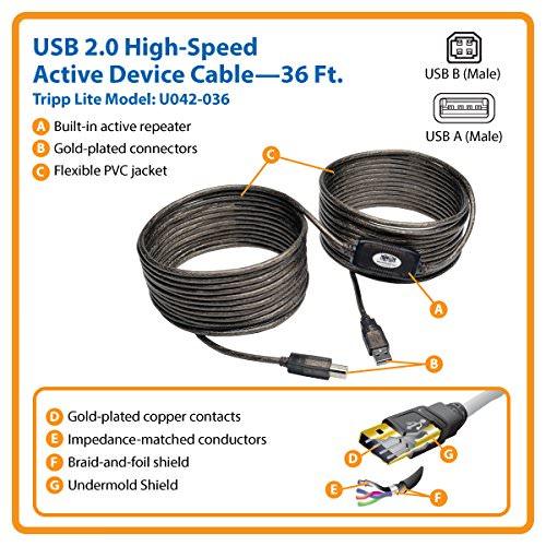 USBケーブル Tripp Lite U042-036 アクティブリピーターケーブル USB 2.0 A/B 36フィート 長距離接続 信号品質維持 プラグアンドプレイ 多OS対応 プリンター スキャナー 防犯カメラ 会議室 教室 オフィス - Trade Center