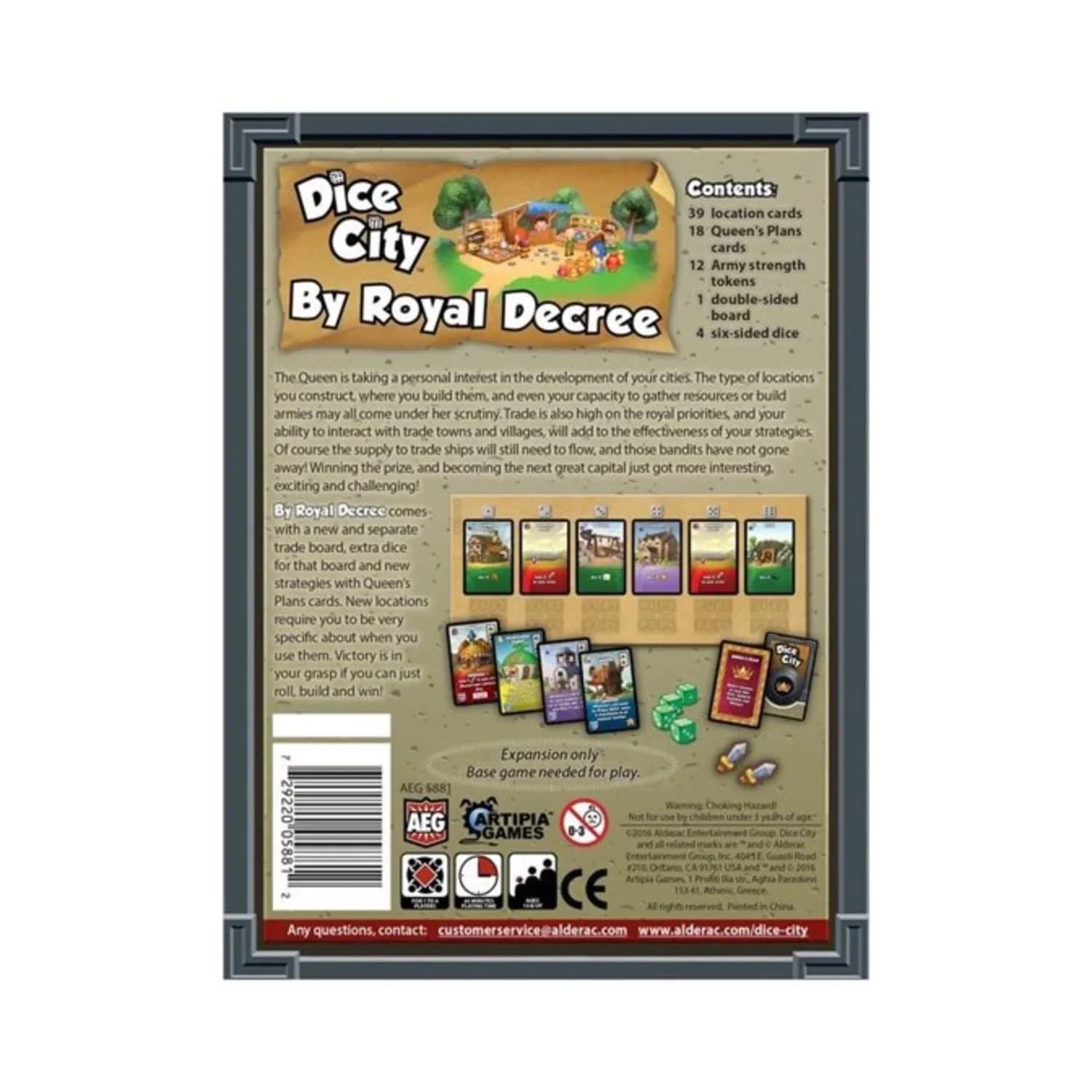 ボードゲーム Dice City By Royal Decree 拡張版 Alderac Entertainment Group 女王の勅令 新首都建設 戦略的資源管理 貿易拡充 ロケーションカード 女王の計画カード 軍隊トークン 6面ダイス 1ー4人用 14歳以上 45分以上 