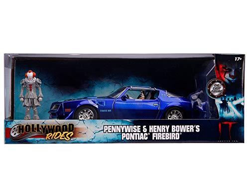 ミニカー JADA TOYS 1977 Pontiac Firebird IT ホラー 映画 ペニーワイズ ヘンリー バウワーズ フィギュア付属 1/24 スケール ブルー ボディ 映画シーン 再現 高品質 コレクション アメリカンマッスルカー ディスプレイ用 プレゼント に最適